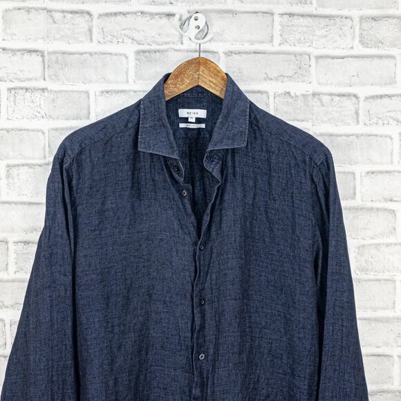 REISS Men's RUBAN Linen Button Through Shirt in Navy Blue Regular fit XL - Picture 4 of 7